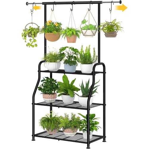 Simple Trending Plant Stand Indoor Outdoor, Heavy Duty Metal 3 Tiered Hanging Plant Shelf for Multiple Flower Planter Holder Tall Large Rack for Living Room Garden Balcony, Black