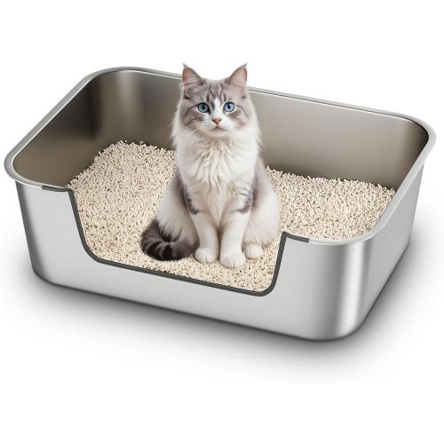 Qiuma Stainless Steel Cat Litter Box with Low Entry, Large Metal Kitty Litter Box for Senior or Injured Cats, Odor-Free, Non-Stick, Easy to Clean, 23.4x15.6x7.8, for Multiple Cats