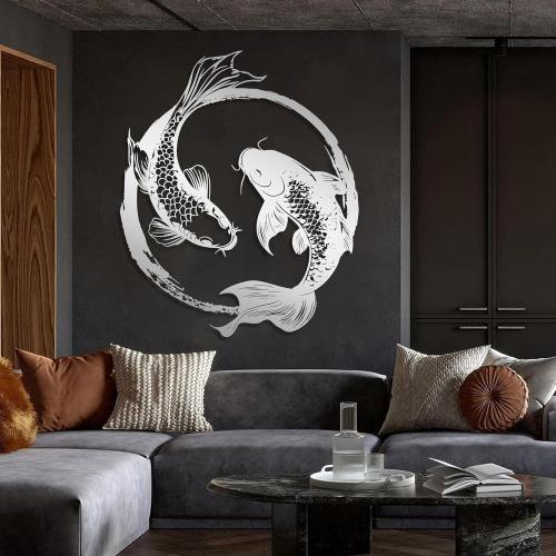 Metal Koi Fish Wall Decor, Koi Fish Metal Wall Art, Feng Shui Koi Fish, Yin Yang Wall Art, Zen Art Wall Decor, Feng Shui Home Design, Spiritual Metal Sign, Bathroom Wall Decor (Gold, 30x35|75x90cm)