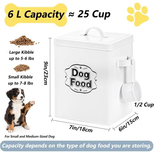 Youeon 5-7 Lbs(25 Cup) Metal Dog Food Storage Container with Lid and Scoop, Airtight Dog Treat Container, Farmhouse Pet Food Storage Container, Cute Dog Food Canister, Gift for Dogs and Owners, White