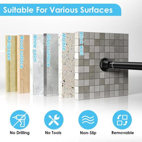 Tension Curtain Rod 31 To 76 Inch Black Shower Curtain Rod | No Drilling Adjustable Spring Loaded Curtain Rods 7/8Diameter Shower Rods For Bathroom Windows Bedroom Closet