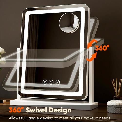 Antok Vanity Mirror with Lights, 14X18 Lighted Makeup Mirror, Smart Touch, 3 Color Modes and Brightness Adjustable, LED Vanity Mirror with Detachable 10X Magnification, 360° Rotation for Makeup Desk
