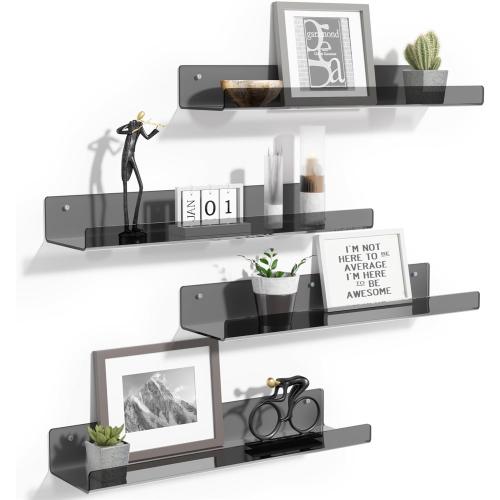 upsimples Acrylic Shelves for Wall Decor, 15 Display Shelf Perfume Organizer for Bathroom, Bedroom, Living Room, Floating Bookshelves for Kids, Clear Black, 4 Pack