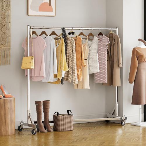 Simple Trending Industrial Grade Z Base 70in extra long Clothes Garment Rack, Commercial Grade Rolling Clothing Rack, Heavy Duty 600lb Load with Wheels, Chrome