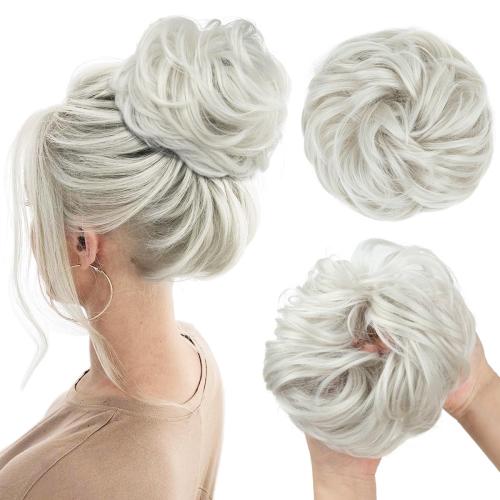 CJL HAIR Large Messy Bun Hair Piece Wavy Curly Scrunchies Synthetic Chignon Ponytail Hair Extensions Thick Updo Hairpieces for Women White