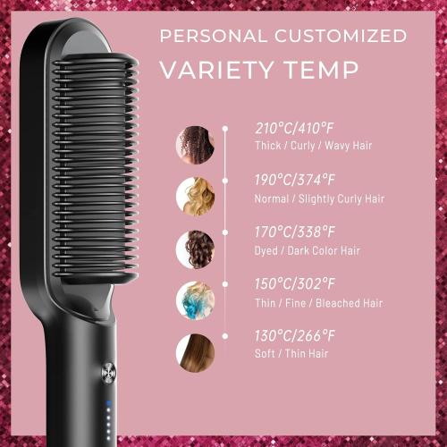 Tymo hair straightener brush - Tymo ring curly hair straightener with 20s fast heating, 5 thermostatic level hot hair straightener combs, 30 minute auto-off & 110V-240V, hair silky straightening brush