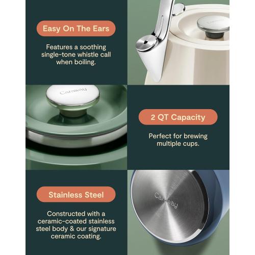 Caraway 2 Quart Whistling Tea Kettle - Durable Stainless Steel Tea Pot - Fast Boiling, Stovetop Agnostic - Non-Toxic, PTFE & PFOA Free - Includes Pot Holder - Mist
