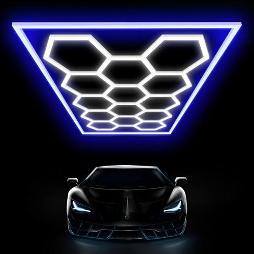 Large Hexagon Garage Lights 14 Hex LED Higher Brightness Lights with Blue Light Rectangle Frame Octagon Honeycomb Lighting for Garage Car Detailing Barber Shop Gym Warehouses.