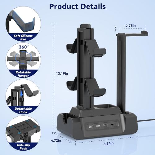 KDD Charging Station for Multiple Devices - 4 Ports Charging Dock with Controller and Headset Stand - 3 USB A & 1 USB C for Cellphone Tablet and Other Electronic - Multi Storage for Gaming Accessories