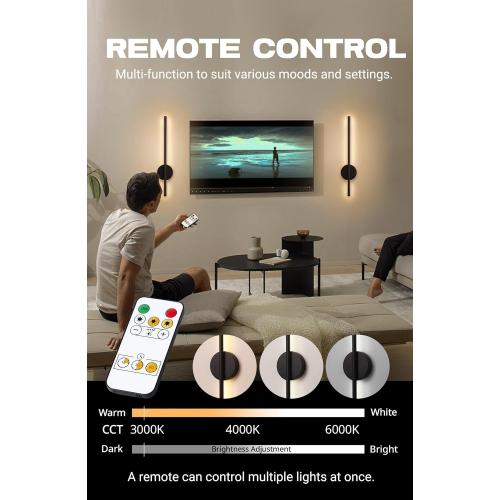 Battery Operated Wall Sconces Set of Two Rechargeable Wireless Wall Light with Remote Control Black 360° Rotate Magnetic Dimmable Cordless Wall Lamp for Living Room Bedroom Hallway 19.7 Inch