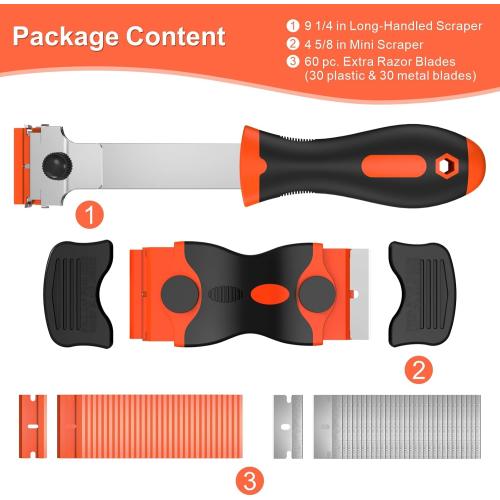 Ywmoml 3 Pack Razor Blade Scraper Set, Includes 30 Plastic & 30 Metal Blades, Multi-Purpose Tool for Glass, Cooktop, Sticker Removal, Paint & Gum Cleaning (Orange)
