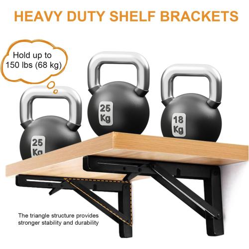 Storystore Folding Shelf Brackets - 12 Inch Heavy Duty Metal Collapsible Shelf Bracket for Bench Table, Shelf Hinge Wall Mounted Space Saving DIY Bracket, Max Load: 150 lb (2PCS, Black)