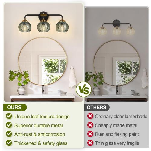Bathroom Light Fixtures, 3-Light Green Vanity Lights with Unique Leaf Texture Glass Shade, Modern Matte Black and Gold Bathroom Wall Lamp for Mirror Hallway Cabinet Living Room