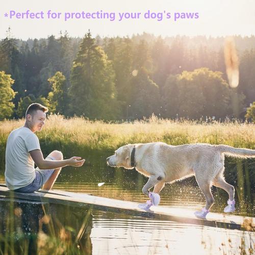 Dog Shoes, Dog Sandals for Hot Pavement, Non-Slip Waterproof Dog Booties for Winter Snowy Day and Summer, Adjustable Straps Easy-Clean Beach Outdoor Pet Boots Rugged Sole-4Pcs Purple