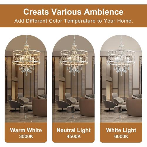 Modern Crystal Chandelier, 5-Light Farmhouse White Chandelier for Dining Room Vintage Hanging Pendant Light Fixtures Round Chandelier for Kitchen Island Entryway Foyer Bedroom Office Bar