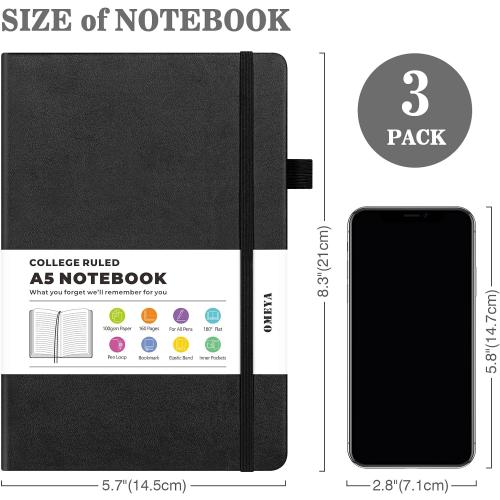 Lined Journal Notebook, 3 Pack A5 College Ruled Notebooks for Work, Hardcover Notebook Each with 2 Pockets & Pen, Leather Journal for Women, Men, 160 Pages, 100GSM Thick Paper (Black, Brown, Grey)