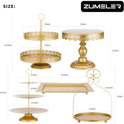 ZUMELER Gold 5Pcs Cake Stands Set Metal Round Cupcake Holder Cookies Dessert Display Plate Serving Tower Tray Platter with Handl for Baby Shower Wedding Birthday Party Celebration