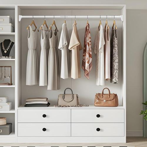 Closet Rods For Hanging Clothes,41-126 In(3-10ft) Extra Long Tension Rod For Closet,Adjustable Rod Without Drilling 33lb Heavy Duty Closet Rods Diameter 1.26in-One-Bond Stretching,White