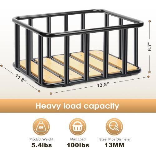 Bike Rear Basket with Waterproof Cover, Cargo Net, Wooden Base, 13.8X11.8X6.7 Heavy Duty Metal Ebike Rear Basket