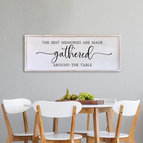 The Best Memories Are Made Gathered Around The Table Wall Decor 40x15 Large Rustic Farmhouse Dining Room Wood Framed Modren Signs Kitchen Home Simple Hanging Wall Art (White)