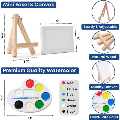 Set of 6 Mini Canvases 4x6 & Easel Set with Watercolors Paint - Party Favors for Kids 3 to 5 - Goody Bag Stuffers - Return Gifts for Kids Birthday - Small Canvases for Painting