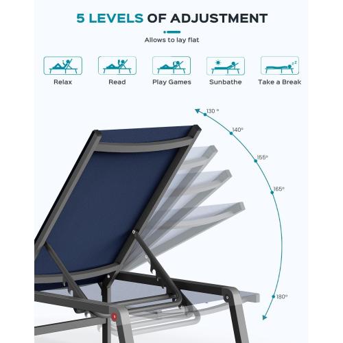Aluminum Chaise Lounge Ourdoor - Foldable & Assemble Free Outdoor Lounge Chair with 5 Adjustable Backrest, Patio Lounge Chair for Outside Poolside Beach Pool, Navy Blue