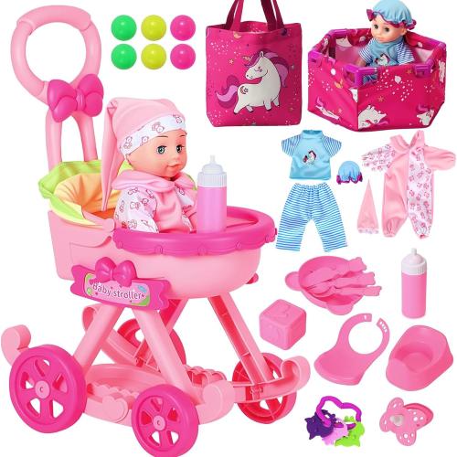Baby Doll Stroller Toys Set, 17 PCS Baby Doll Accessories Stroller Toys with Baby Dolls,2 Sets Doll Clothes, Playpen, Handbag, Feeding Nursery Pretend Play Gifts for Girls Toddlers 3 4 5