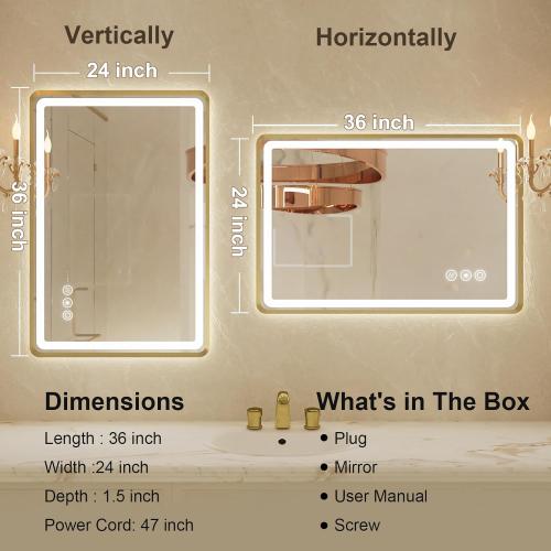 24x36 Inch LED Bathroom Mirror with Gold Metal Frame, Front and Backlit Vanity Mirror, Stepless Dimmable Wall Mirrors with Anti-Fog, 3 Colors, Memory Function, Waterproof, LED Smart Bathroom Mirror