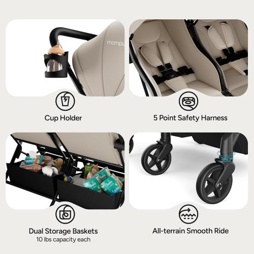 Mompush Lithe Double Stroller for Infant and Toddler, Lightweight Side by Side Twin Stroller, Only 25 lbs, 30-Inch Slim Fit Through Doorways, One-Step Fold, Independent Recline, UPF 50  Canopy