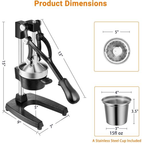Cast Iron Juicer with Stainless Steel Cup, for Orange, Lemon, Lime, Citrus, Grapefruit & Pomegranate, Heavy Duty Manual Juicer, Hand Press Juicer, Easy to Clean, Black