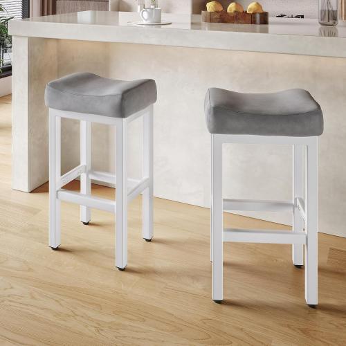 29 Inch Bar Height Bar Stools Set of 2, 29 Barstools for Kitchen Island Counter, Backless Bonded Leather Bar Height Stools with Thick Saddle Seats & Heavy Duty Metal Base, Easy Assembly, Gray/White