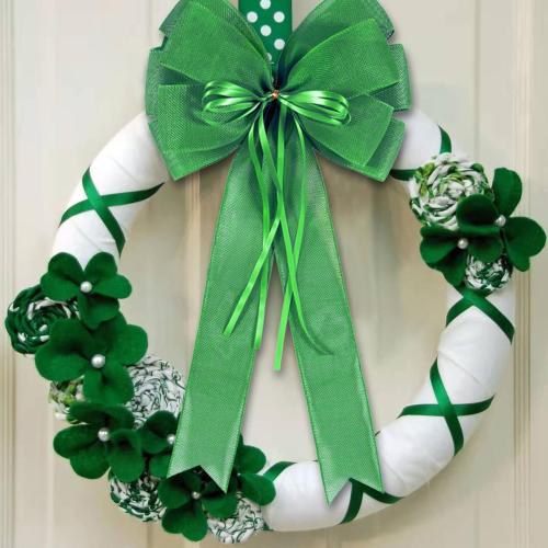 2 PCS Green St Patricks Day Wreath Bow Decor,St Patricks Day Tree Topper Bow Decorations,Decorative Bow with Green Burlap and Glitter String for Holiday Home Front Door Outdoor