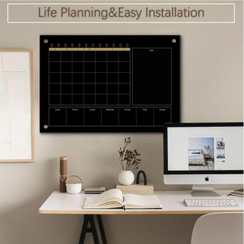Size Large Color Black Glass 3-1 Monthly Dry Erase Calendar Whiteboard for Wall Frameless Mounting,Office/School/Home, Frameless Large Planner White Board