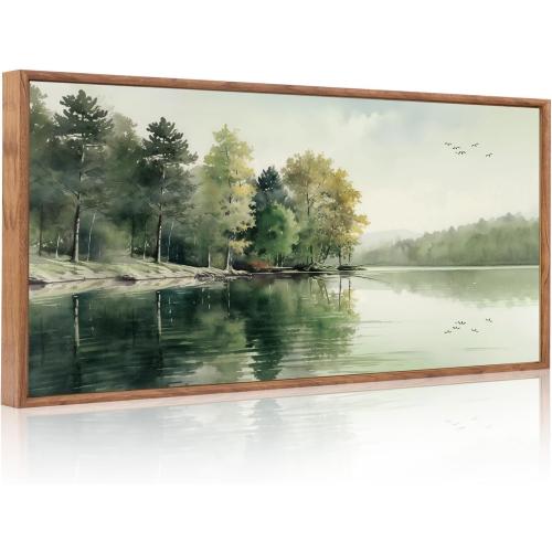 KAIRNE Framed Nature Canvas Wall Art Set,Misty Forest Wall Decor,Green Mountain Forest Pictures,Lake Water Painting set of 1(20”x40”),Landscape Scene Print for Living Room, Bedroom,Gallery Decor