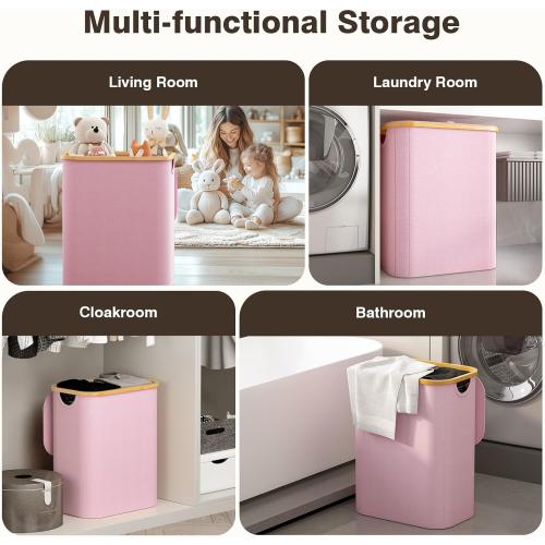 Hampers for Laundry Basket with Lid,  Extra Large 3 Section Clothes Divided Organizer for Bedroom, Laundry Room, Dirty Clothing Hamper, Pink