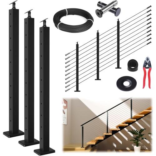 Muzata Size  10-15FT Modular Black Cable Railing Kit 36 Inch 3 Stair Post Kit Complete Set Cable Railing System for Stairs Length Adjustable Easy DIY with Paper User Guide (No Handrail) RWS1 BA4S