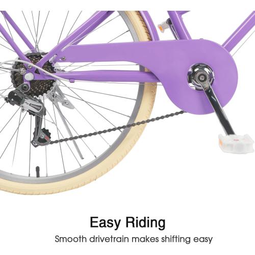 Color purple Glerc 20 24 26 Inch Beach Cruiser Bike, 6-Speed Hybrid City Bicycle for Girls Youth and Over 6 Years Old, Missy Bike with Wicker Basket & Lightweight, Multiple Colors