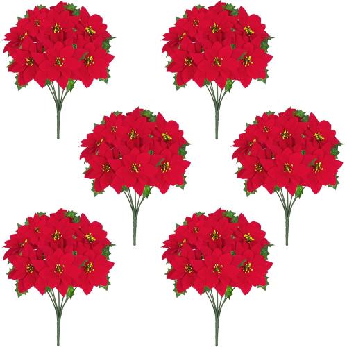 Artflower Christmas Decorations - 6 Pack Poinsettias Artificial Christmas Flowers, Fake Red Velvet Artificial Poinsettias Flowers for Christmas Tree Home Party Porch Yard Indoor Outdoor Decor