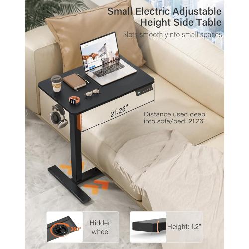 Small Electric Standing Desk - Adjustable Height Bedside Laptop Table with Wheels, Mobile, Portable Rolling Computer Workstation Sit Stand Table for Home Office, Sofa, Couch Use WHITE
