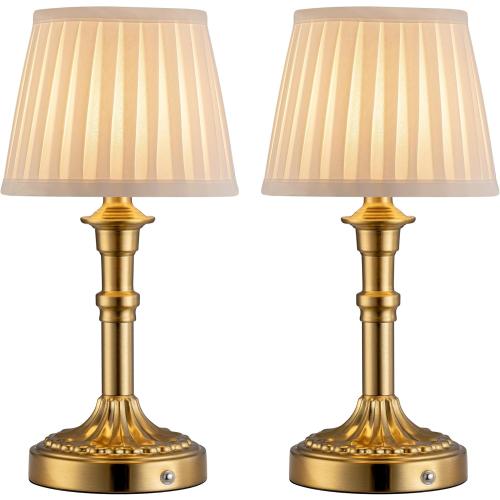 KDG Cordless Portables Table Lamp Set of 2, LED Fabric Shade Small Desk Lamps, 5000mAh Battery Powered Lighting, 2700K Stepless Dimmable Light for Living Room, Dining Room, Bedroom, Bedside (Gold)