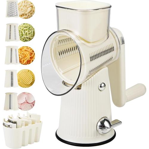 Rotary Cheese Grater with Handle: 5 in 1 Cheese Grater Hand Crank Cheese Shredder with Strong Suction Base Kitchen Vegetable Slicer with 5 Interchangeable Blades, Storage Box, White