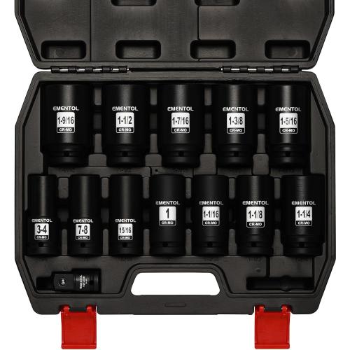 EMENTOL 3/4 Drive Impact Socket Set, 13 Pieces Deep Jumbo Sockets, SAE 3/4 to 1-9/16 with 1/2F to 3/4M Adapter, CR-MO