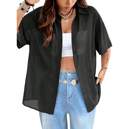 Women 2XL Mesh Button Down Top Half Sleeve Collared Shirt Blouse