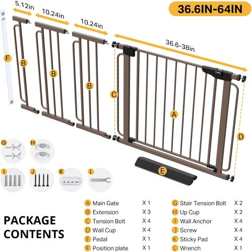 Cumbor 36.6-64 in Extra Wide Baby Gate for Stairs, Dog Gate Indoor, Black | Mom's Choice Awards Winner, Double Lock for Doorways, Auto Close Child Gate for Toddler & Pets, Pressure or Hardware Mounted