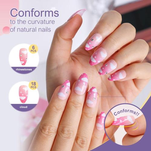 morily 24pcs Press on Nails Medium Length Almond Fake Nails Kit Long Ombre Pink Acrylic False Nails with White Cloud Design Crystal Artificial Glossy Stick on Nails Finger Manicure for Women