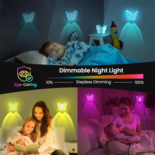 LOFTEK Rechargeable Motion Sensor Light, RGB Color Change& Dimmable Night Light, Cute Butterfly Light for Kid's Bedroom, Bathroom, Hallway, Tent & Stairs - Ideal Home Decor & Gift, Purple of 4