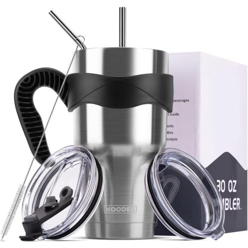 koodee 30 oz Tumbler with Handle Stainless Steel Double Wall Vacuum Insulated Tumbler Cup Coffee Travel Mug with Lid and Straw (30 oz, Stainless Steel)