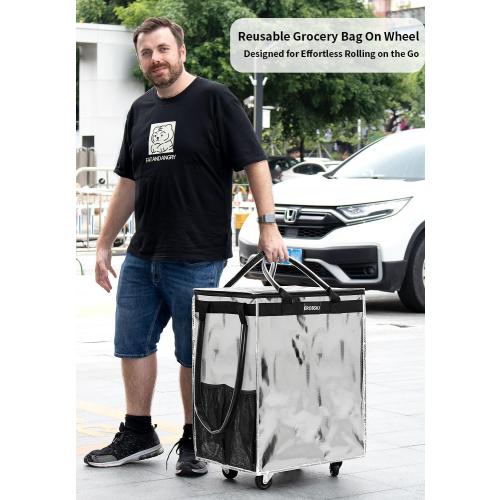 (Large,Silver) Reusable Grocery Bag on Wheels, Foldable Rolling Tote, Shopping Trolley, Zipper Clouser Shopping Carts for Trips, Laundry, 5 Heavy Duty Wheels