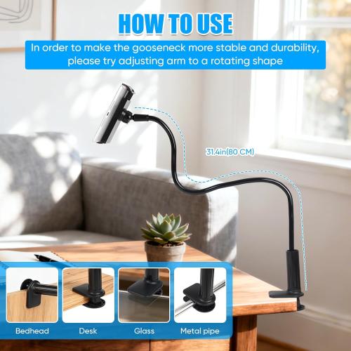 Gooseneck Tablet Holder for Bed, Tablet Stand Clamp Flexible Long Arm Adjustable Lazy Bracket for Desk Phone Mount, Compatible with iPad mini, for Kindle, for Switch, for All 4 - 9 Devices