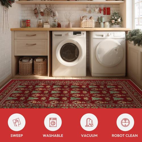 Artoid Mode Red Xmas Tree Mistletoe Christmas Area Rug, Winter Home Decor Low-Profile Non-Slip Washable Large Rug for Living Room Bedroom Farmhouse Dining Room Kids Playroom 2x3 Feet